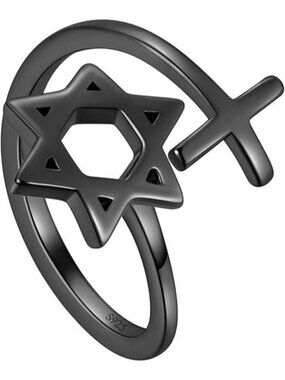 K, Cross Star Of David Ring Black Sterling Silver Star of David Ring